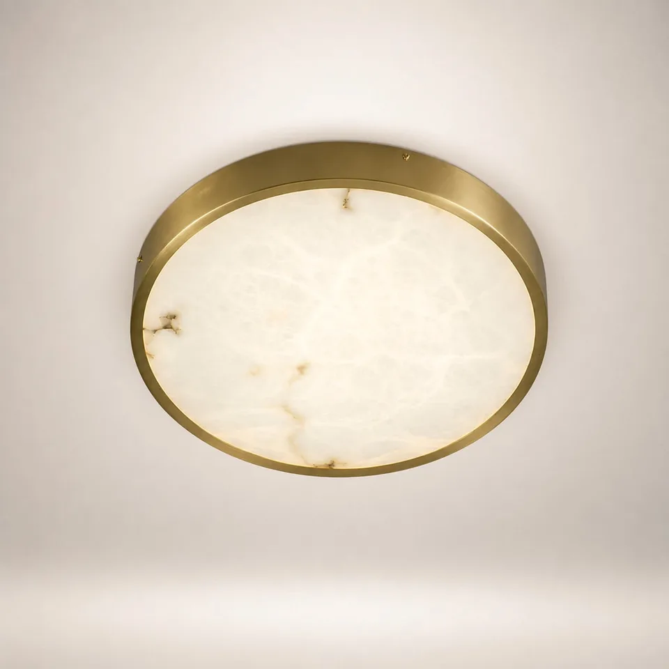 Alabaster Ceiling Light – Gold Frame Flush Mount, Round or Square, 30 cm 2 Round gold alabaster ceiling light glowing on a white ceiling