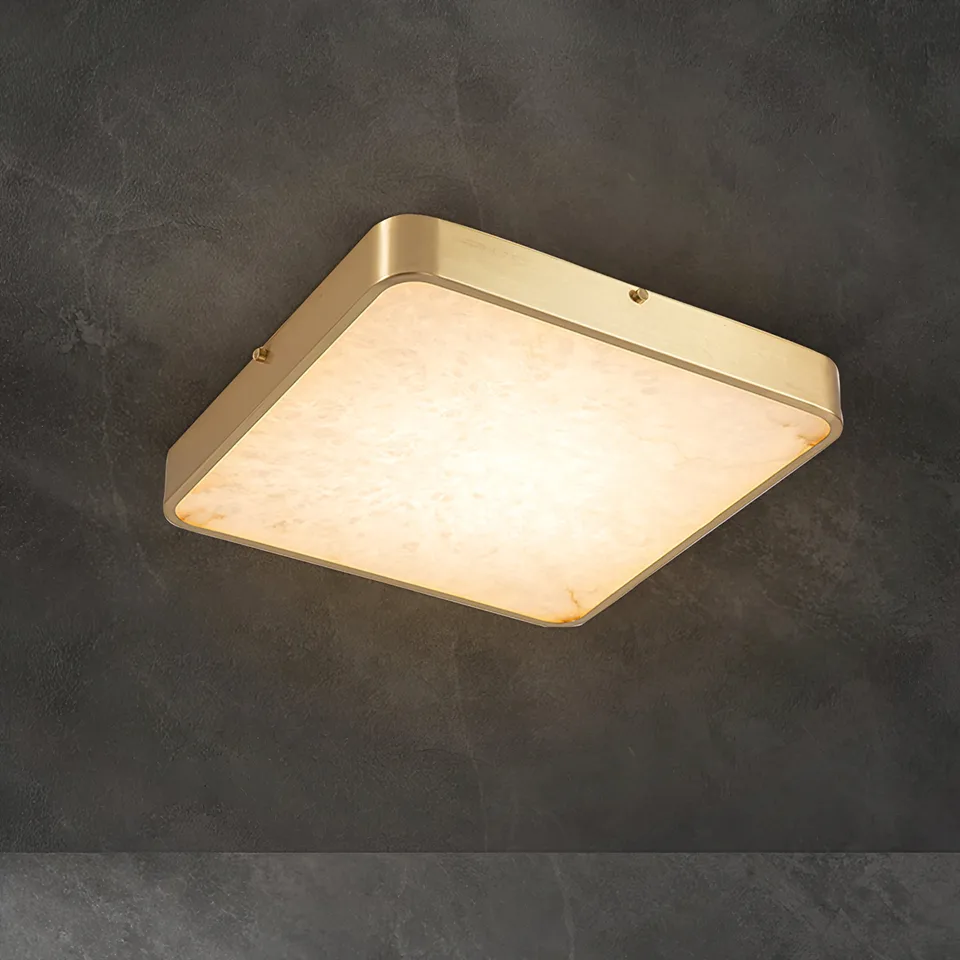 Alabaster Ceiling Light – Gold Frame Flush Mount, Round or Square, 30 cm 8 Square gold alabaster ceiling light lit against a dark ceiling