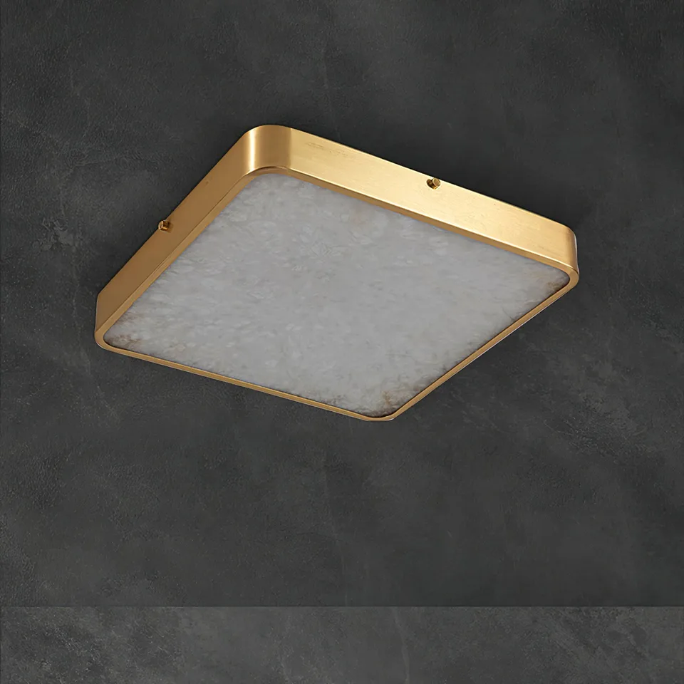 Alabaster Ceiling Light – Gold Frame Flush Mount, Round or Square, 30 cm 9 Unlit square alabaster ceiling light showing the natural stone
