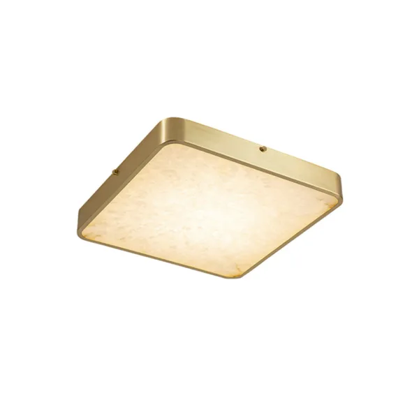 Square alabaster ceiling light in a brass-finish frame on a white background