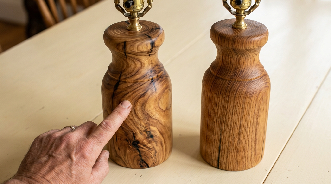 Handmade Lamps vs Mass-Made Imports: How to Tell 2 Two wooden lamp bases of the same design with different grain, a hand pointing at the difference - the simplest check for handmade lamps (illustration)