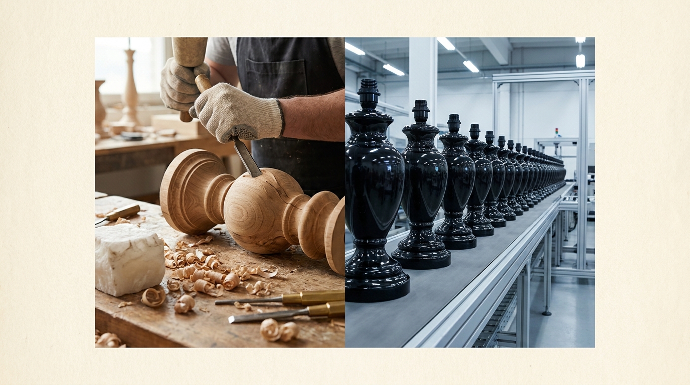 Handmade Lamps vs Mass-Made Imports: How to Tell 1 Handmade lamps: a hand-carved wood lamp base on a workbench next to a row of identical machine-moulded lamp bases (illustration)