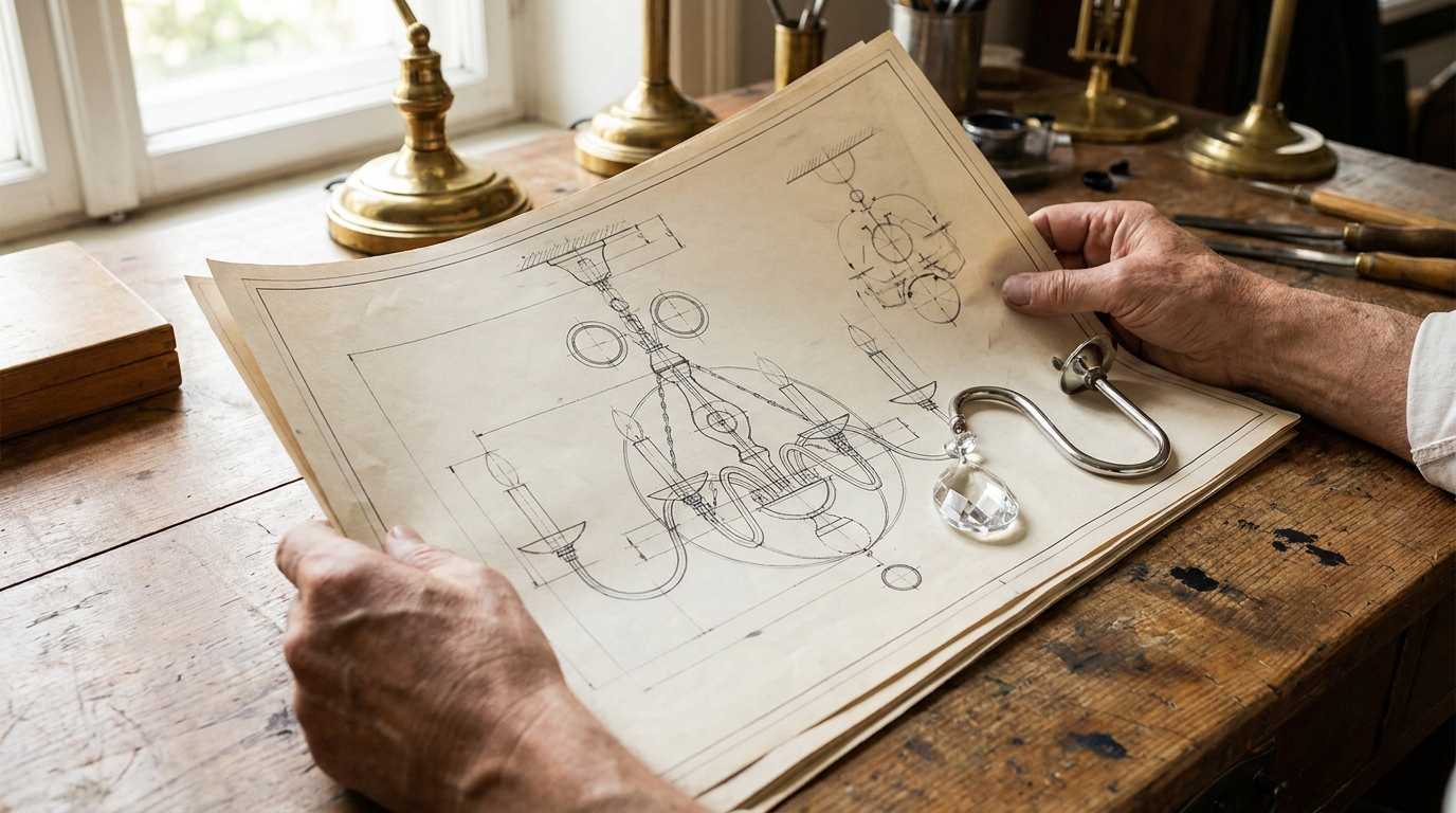 Hands checking a chandelier drawing with a spare crystal drop and a steel arm, the papers to ask hotel lighting suppliers for