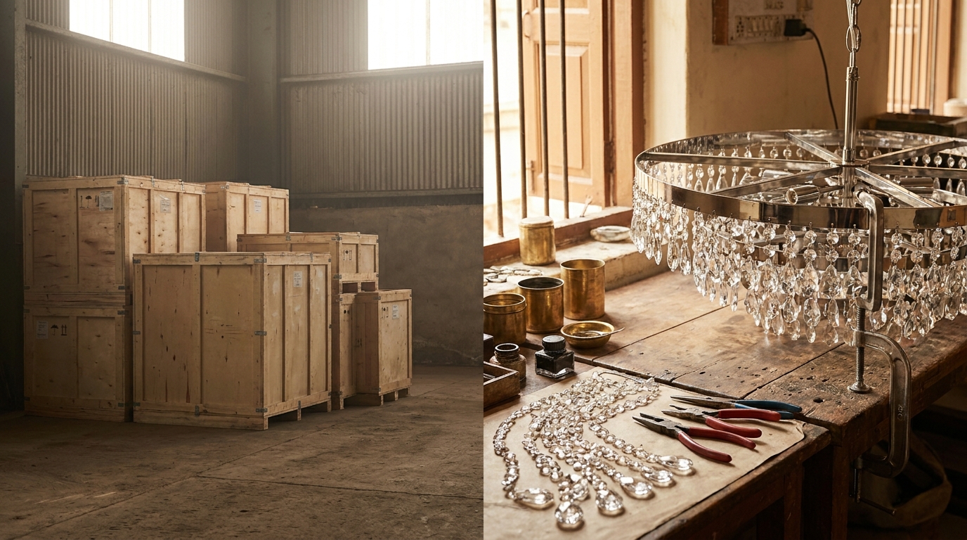 Hotel lighting suppliers compared: import crates waiting in a port warehouse beside a maker's bench building a crystal chandelier