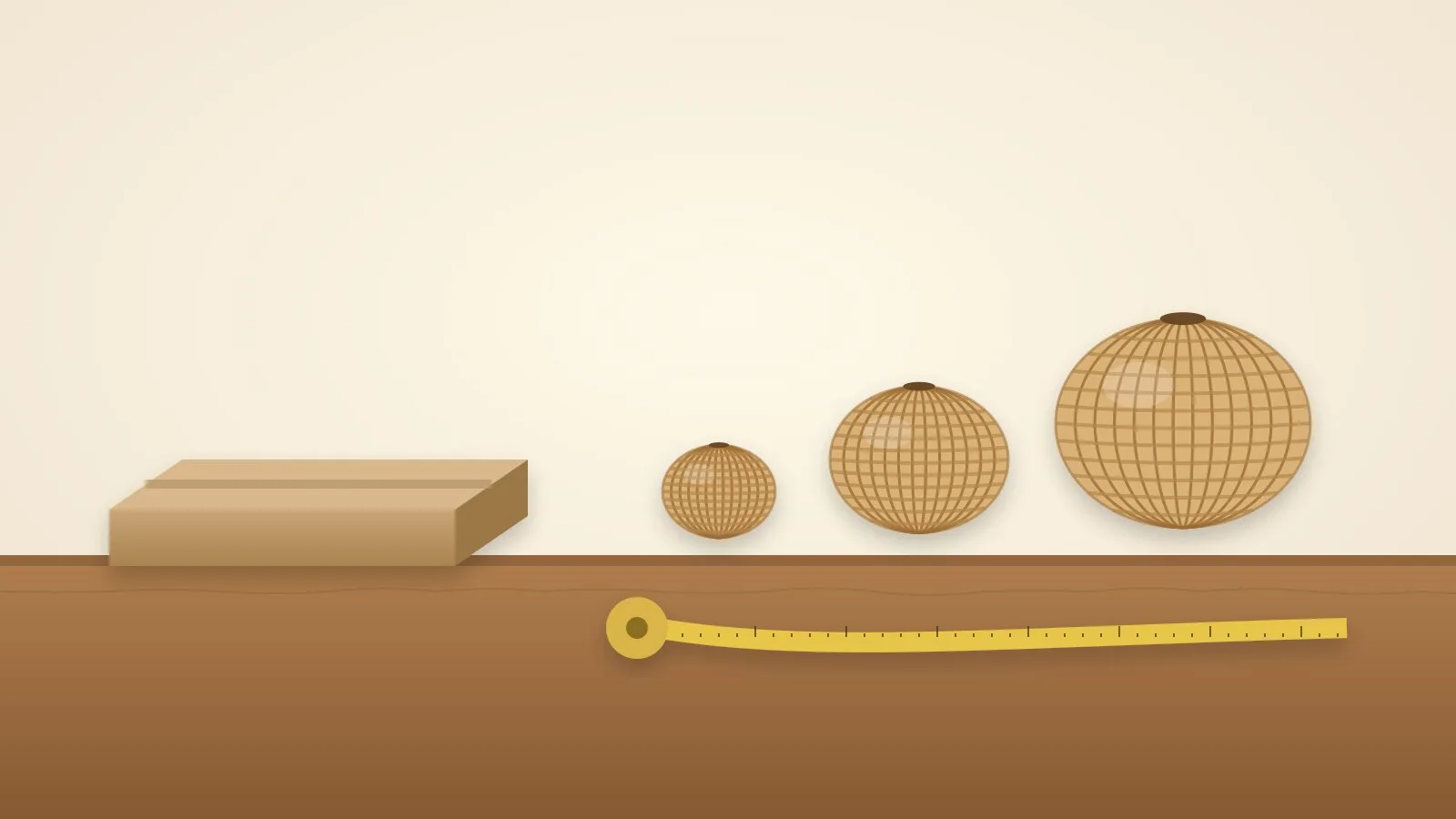 IKEA pendant light vs made to size: a flat-pack box beside one rattan shade made in three sizes on a maker's bench (illustration)
