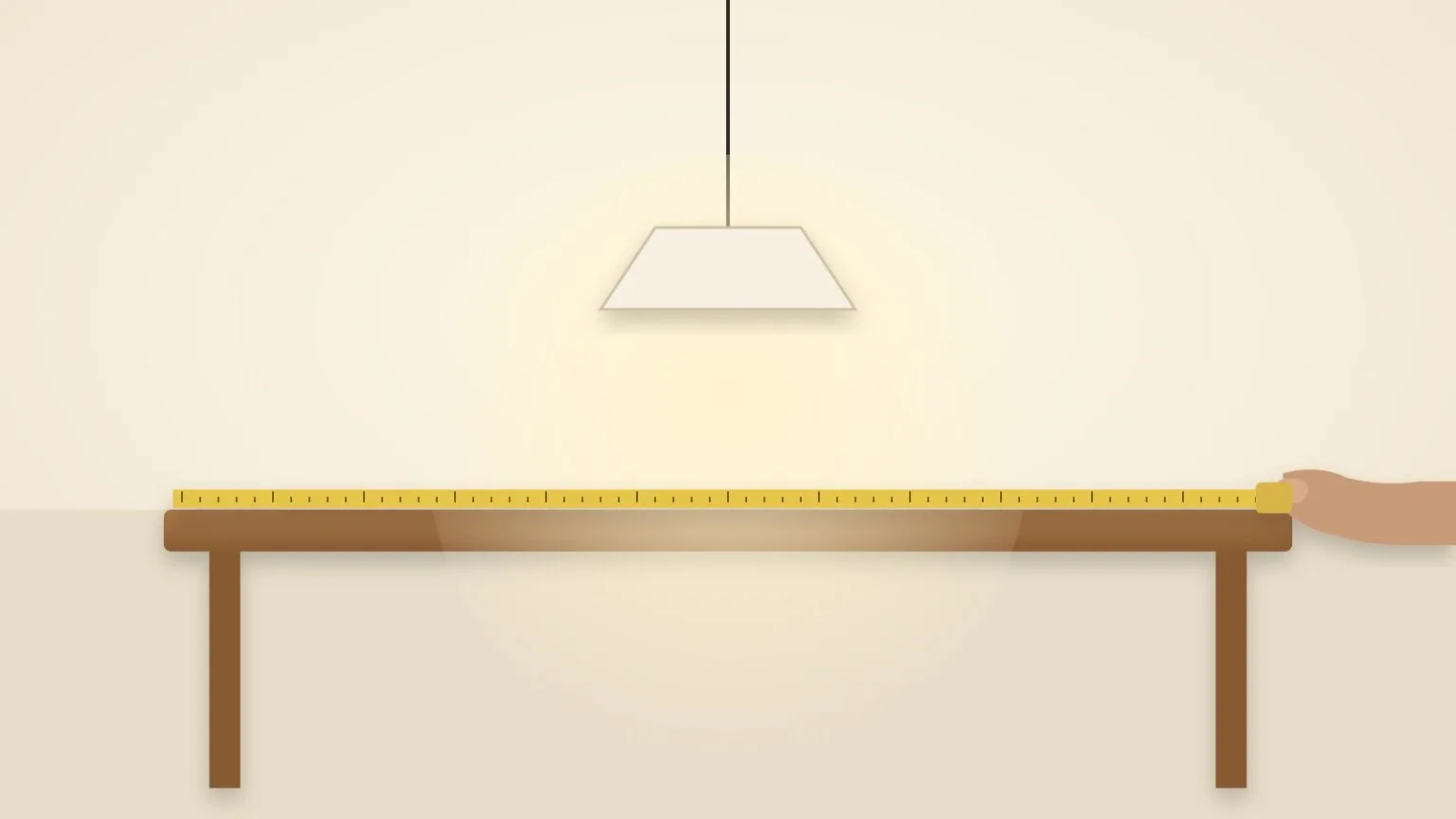IKEA pendant light check: measuring the dining table width before choosing a pendant size (illustration)