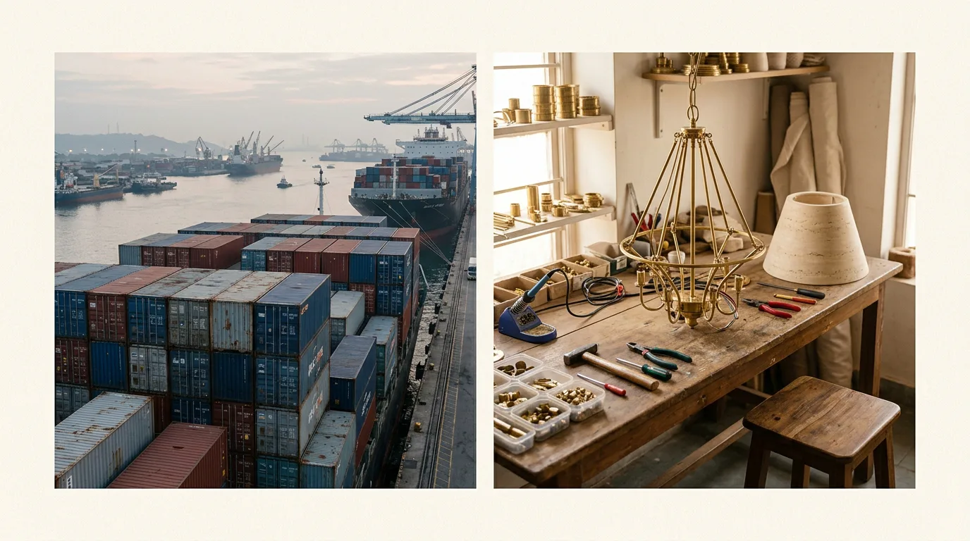 Imported lights vs made in India: shipping containers at a sea port beside a workshop bench with a brass chandelier frame being made