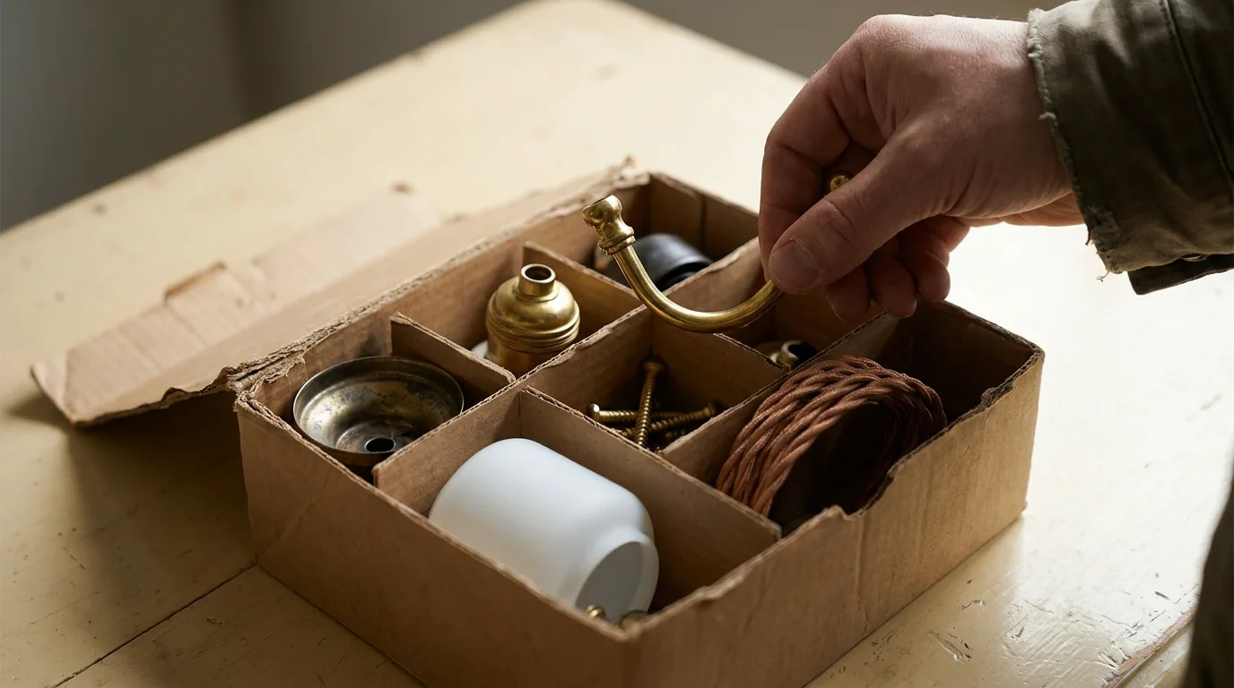 Spare parts check for imported lights: a hand lifts a brass arm from a box holding a holder, canopy, opal glass shade, screws and wire