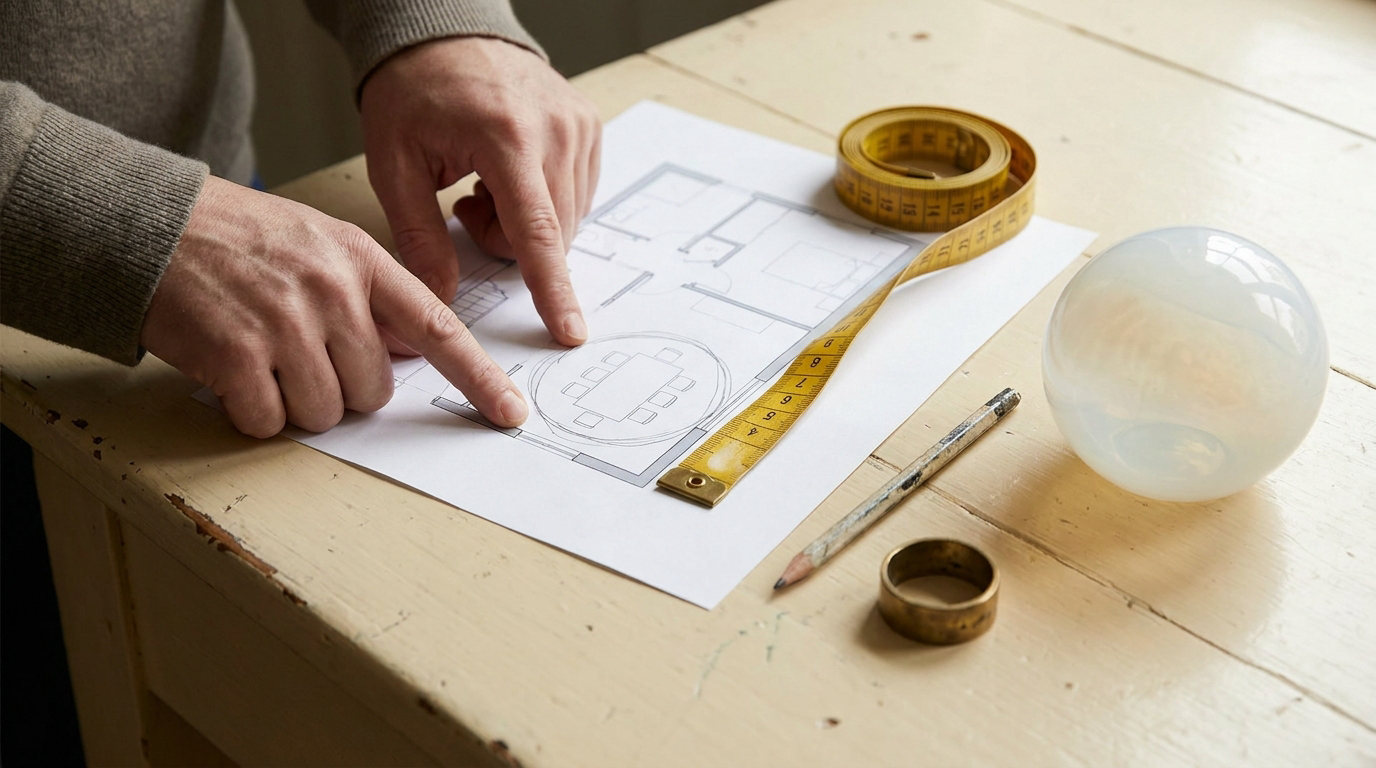Hands pointing at a room plan with a measuring tape and glass globe sample, sizing a chandelier instead of waiting for an Italian chandelier