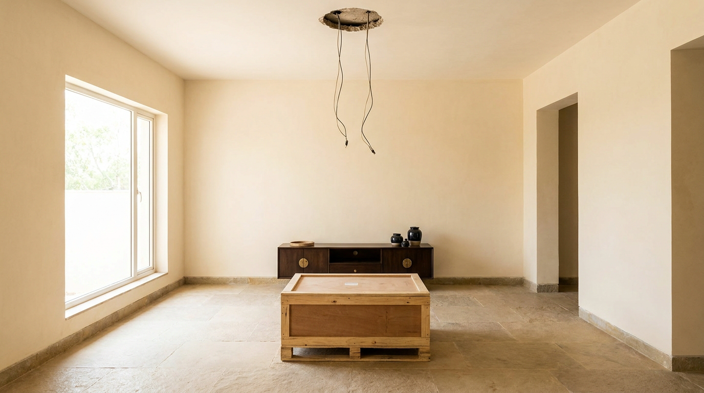 A finished hall with bare ceiling wires and an unopened shipping crate, waiting for an imported Italian chandelier