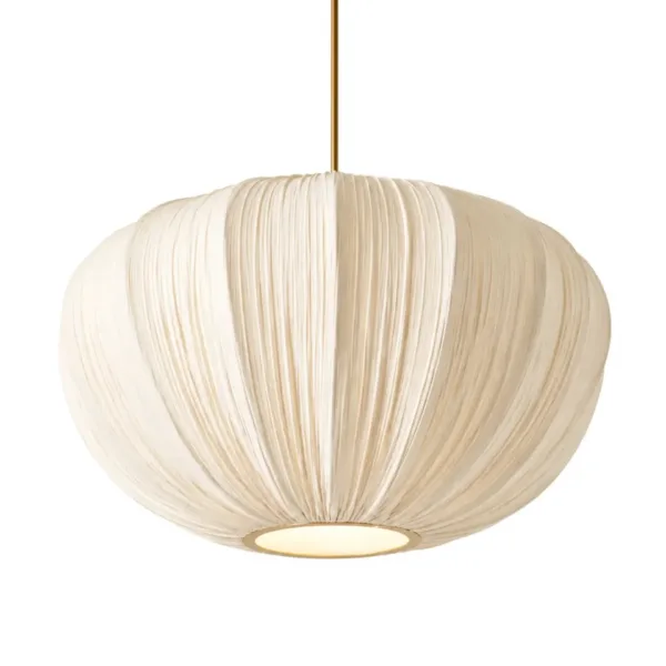 Underside of the fabric cloud pendant light showing the frosted diffuser disc at the base of the pleated shade