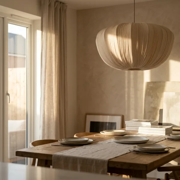 Japanese fabric cloud pendant light above a linen-dressed wooden dining table beside a sunlit window