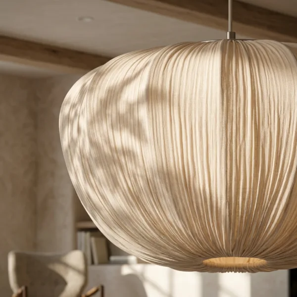 Close-up of the pleated cream fabric on the cloud pendant light with sunlight shadows and the glowing base opening