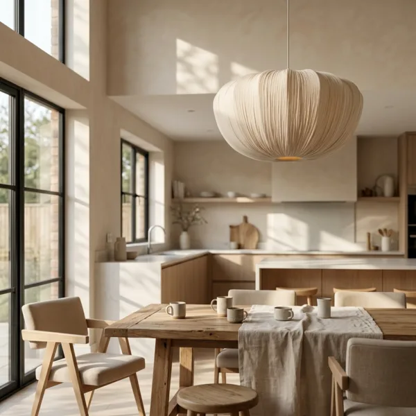 Large pleated fabric cloud pendant light over a rustic dining table in an open kitchen with tall windows