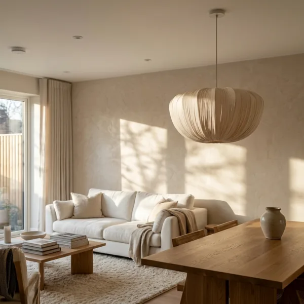 Pleated fabric cloud pendant light hanging in a bright living and dining space with a cream sofa and oak table