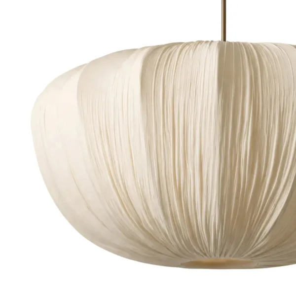 Close-up of the cream pleated fabric panels on the cloud pendant light with the bottom diffuser opening