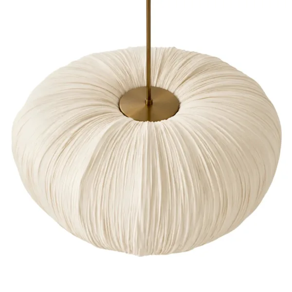 Top of the pleated fabric cloud pendant light showing the brass cap and suspension rod