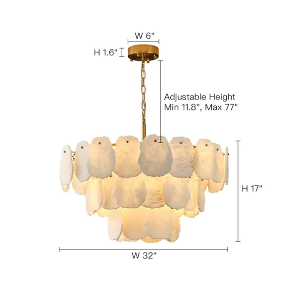 Layered alabaster chandelier dimensions, 32 in wide, 17 in tall, adjustable height