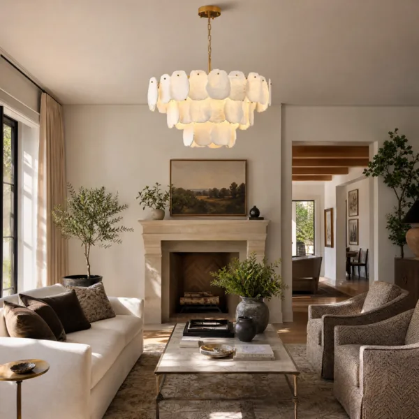 Round chandelier for living room hanging near a fireplace