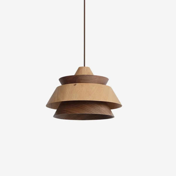 Layered wood pendant light with walnut outer tiers and a light oak middle tier