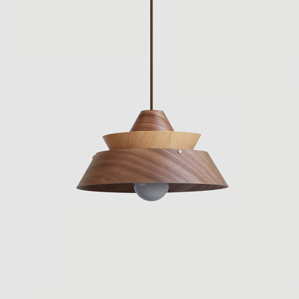 View from below of the layered wood pendant light showing the bulb inside the lowest tier