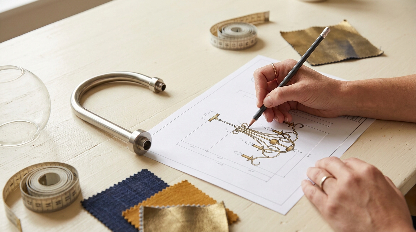 A designer marks size changes on a chandelier drawing next to a spare arm and glass globe - checks to run on a lighting manufacturer (illustration)