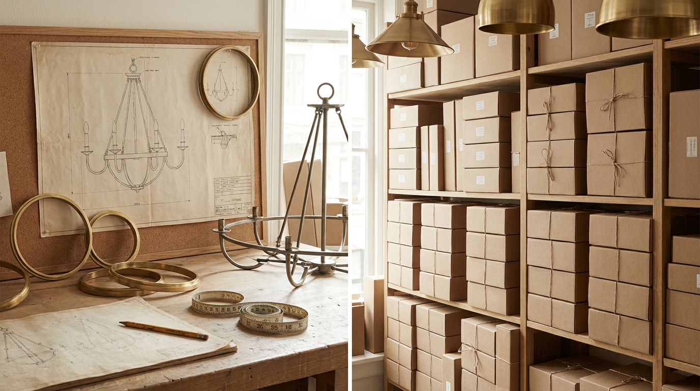Lighting manufacturer vs trader: a workbench with a chandelier drawing and a half-built frame beside a shop shelf of sealed boxes (illustration)