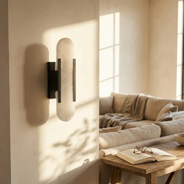 Black-frame linear alabaster wall light on a sunlit living-room wall beside a sofa