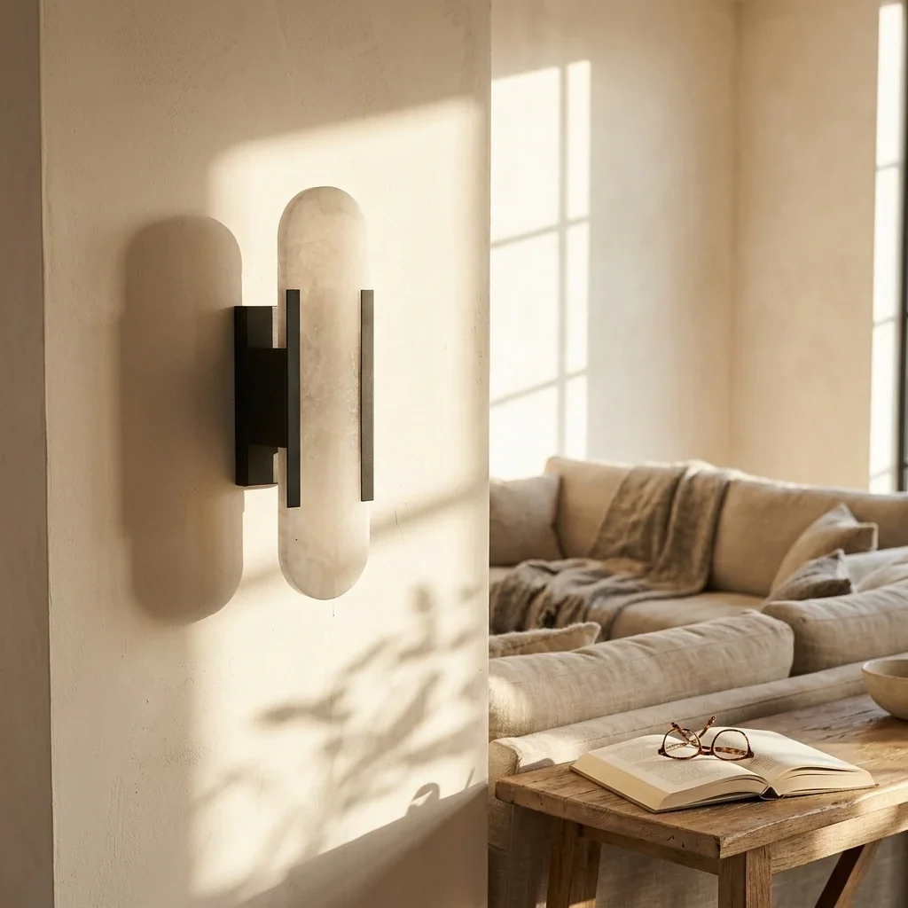 Linear Alabaster Wall Light – 50 cm Natural Stone Sconce 3 Black-frame linear alabaster wall light on a sunlit living-room wall beside a sofa
