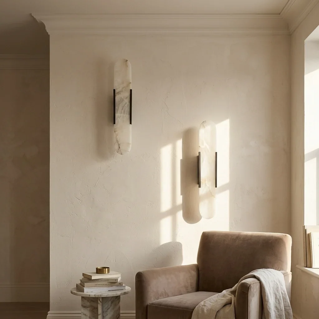 Linear Alabaster Wall Light – 50 cm Natural Stone Sconce 4 Two black-frame linear alabaster wall lights on a cream wall above an armchair