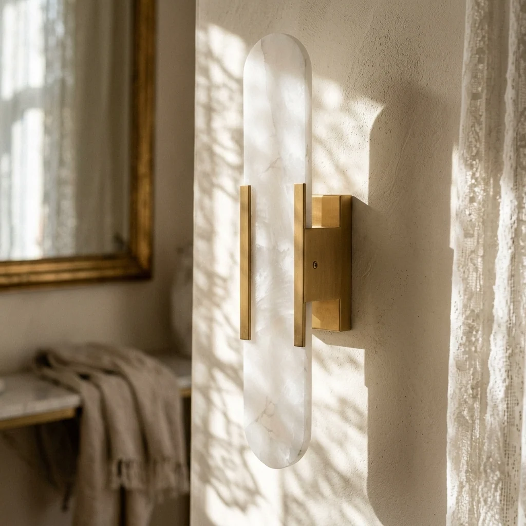 Linear Alabaster Wall Light – 50 cm Natural Stone Sconce 5 Gold-frame linear alabaster wall light glowing on a wall beside a window and mirror