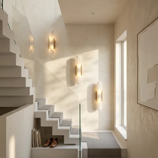 Gold-frame linear alabaster wall lights lighting a modern staircase