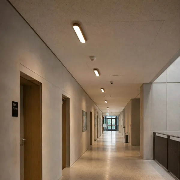 A row of linear ceiling lights in travertine lighting a long corridor with wooden doors