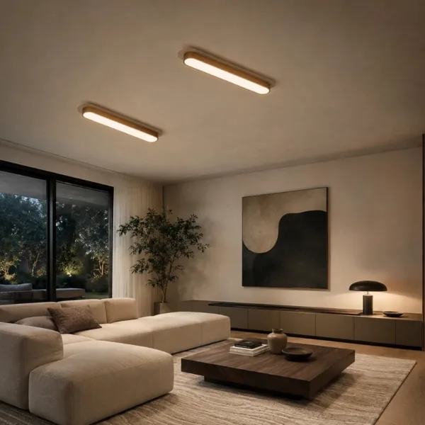 Two linear ceiling lights in travertine lighting a calm living room with a cream sofa at night