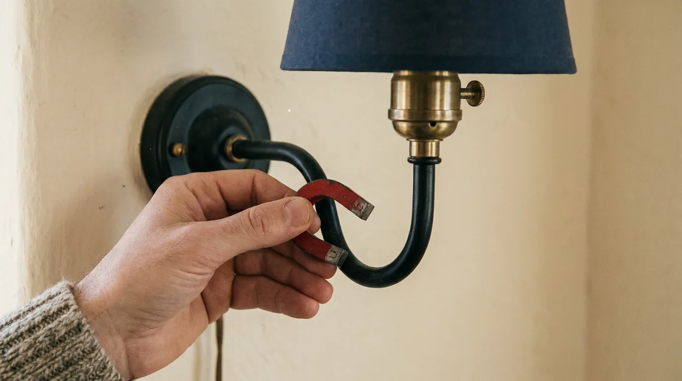Magnet check for mild steel vs stainless steel: a hand holds a red horseshoe magnet against the black painted arm of a wall light