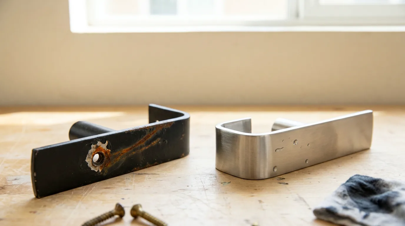 Mild steel vs stainless steel: a black painted light arm with rust spreading from a chipped screw hole beside a clean brushed stainless steel arm
