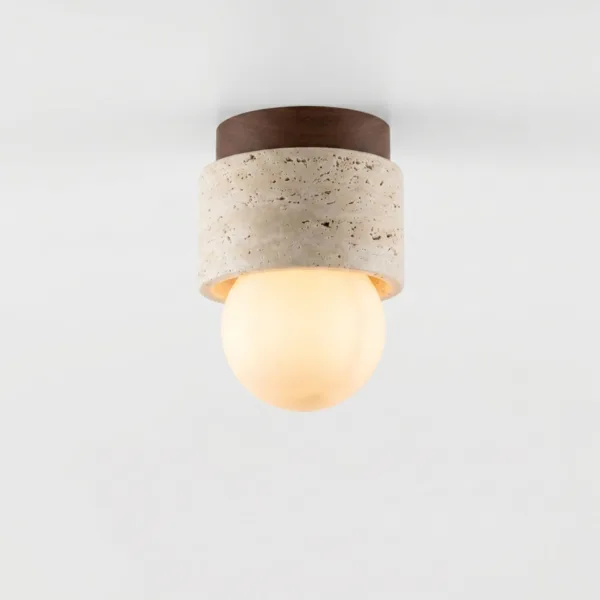 Mini ceiling light with a travertine ring, walnut wood canopy and glowing opal globe