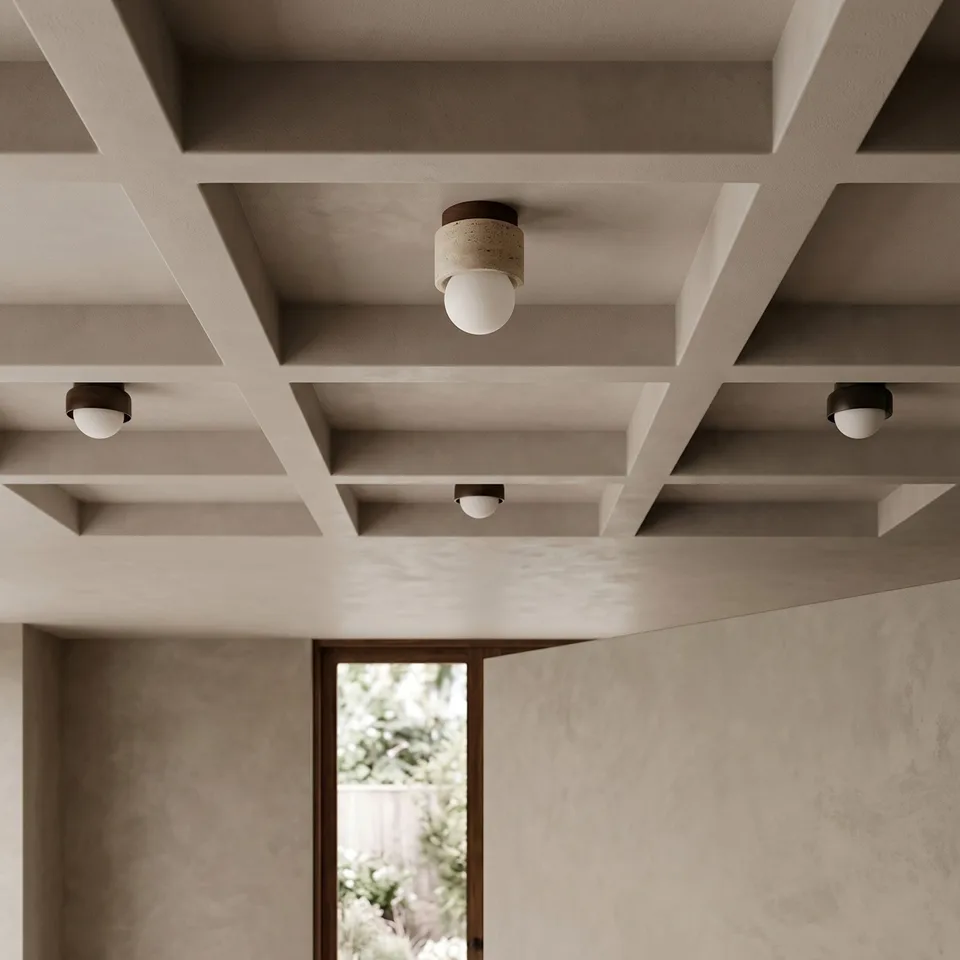 Travertine Ceiling Light – Mini Flush Mount with Opal Globe, 12 cm 7 Mini travertine ceiling lights in a coffered ceiling