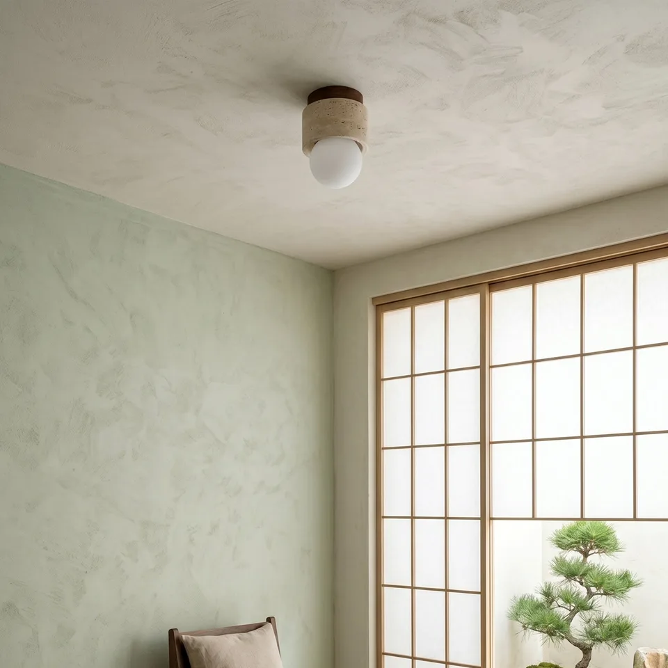 Travertine Ceiling Light – Mini Flush Mount with Opal Globe, 12 cm 6 Japandi room with a small travertine ceiling light and shoji screen
