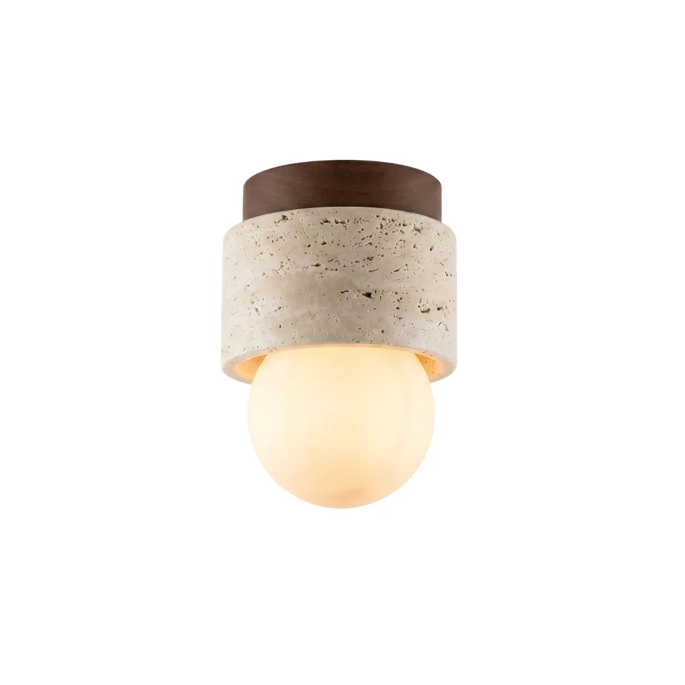 Travertine Ceiling Light – Mini Flush Mount with Opal Globe, 12 cm 2 Mini travertine ceiling light glowing warm on a white background