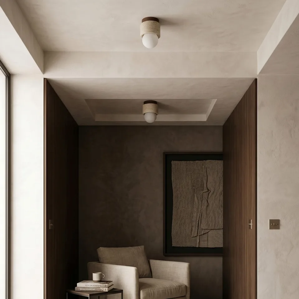 Travertine Ceiling Light – Mini Flush Mount with Opal Globe, 12 cm 8 Lobby ceiling light: small travertine lights along a corridor