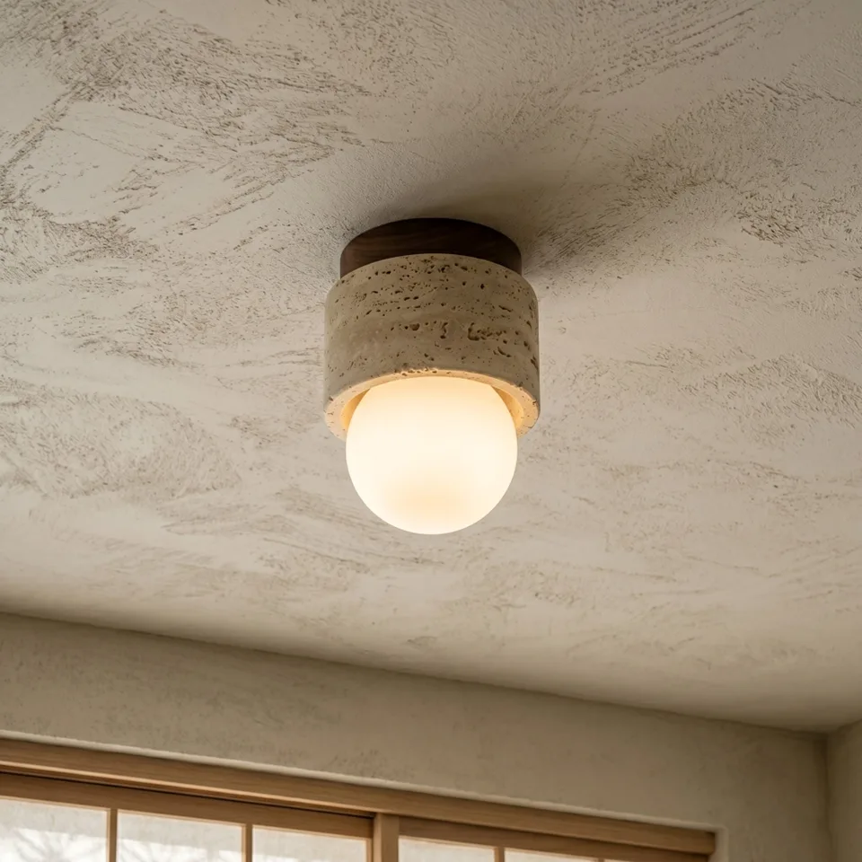Travertine Ceiling Light – Mini Flush Mount with Opal Globe, 12 cm 4 Mini travertine ceiling light glowing on a textured plaster ceiling