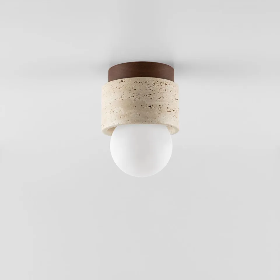 Travertine Ceiling Light – Mini Flush Mount with Opal Globe, 12 cm 3 Unlit mini travertine ceiling light with opal borosilicate glass globe