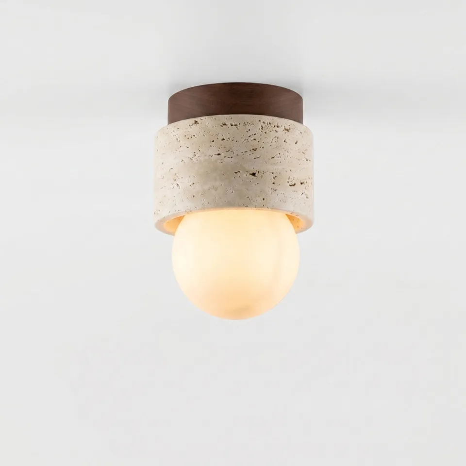 Mini ceiling light with a travertine ring, walnut wood canopy and glowing opal globe