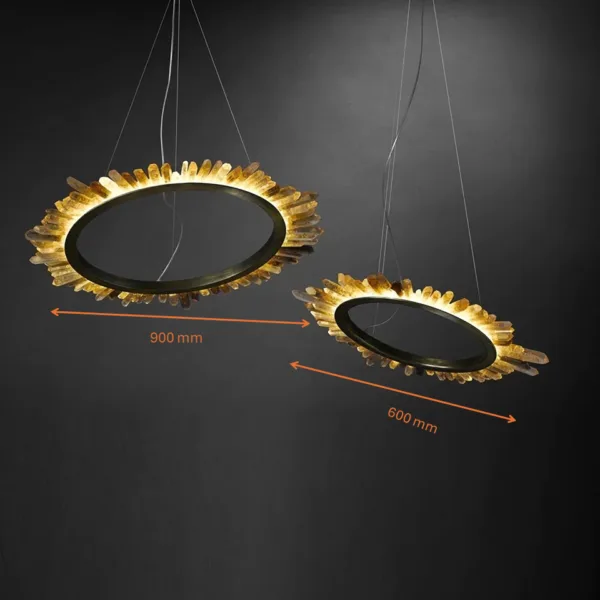 2 ring crystal chandelier, 900 mm and 600 mm brass rings with crystals on the outside edge, lit