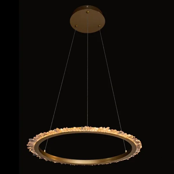 Modern crystal ring chandelier, brushed brass ring with crystals on the outside edge, lit, round canopy