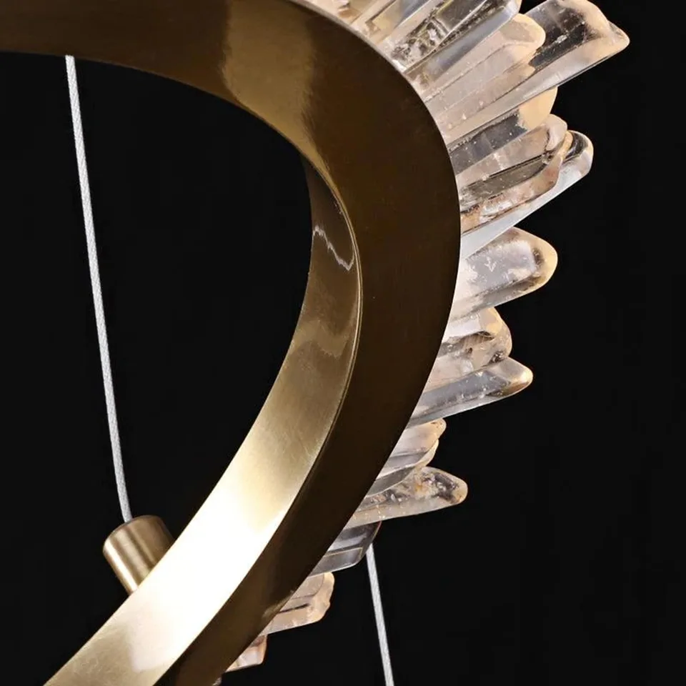 Modern Crystal Ring Chandelier 10 Crystal ring chandelier brass ring and suspension cable, close-up