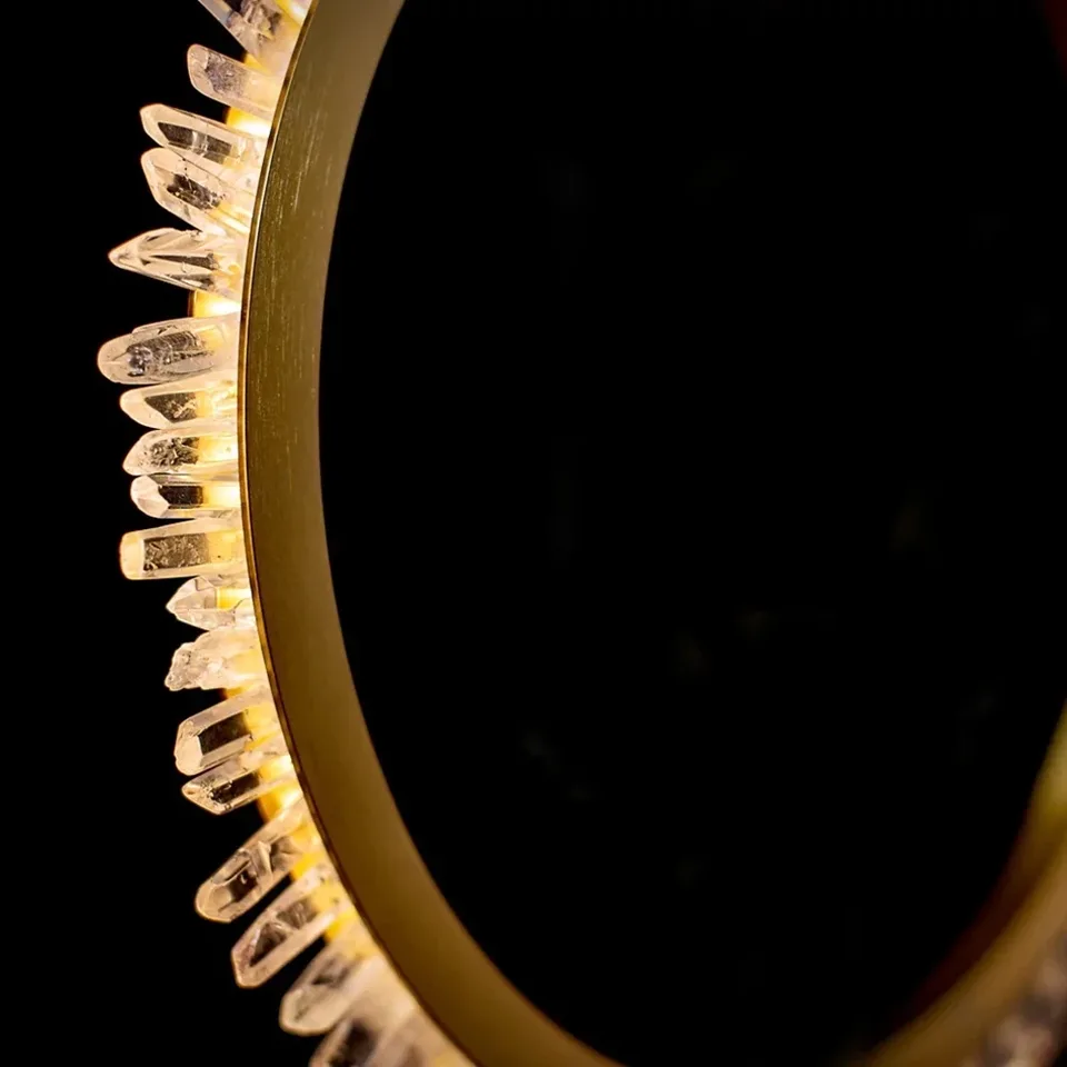 Modern Crystal Ring Chandelier 6 Lit crystal points on the outside of the brass ring, close-up