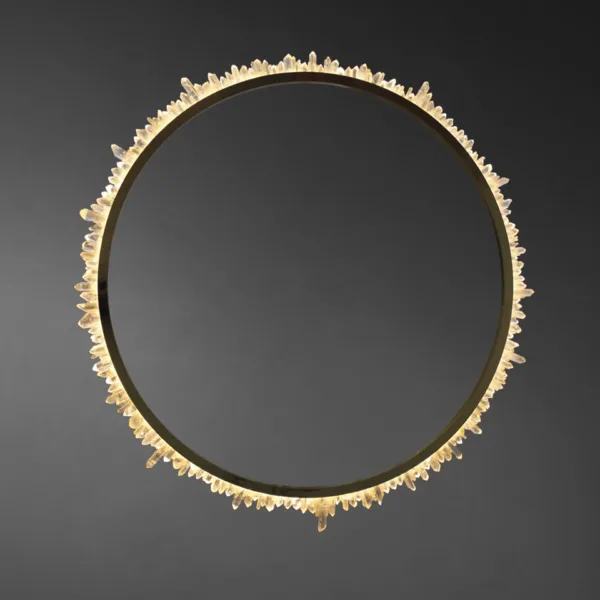 Modern crystal ring chandelier seen from below, glowing crystal band
