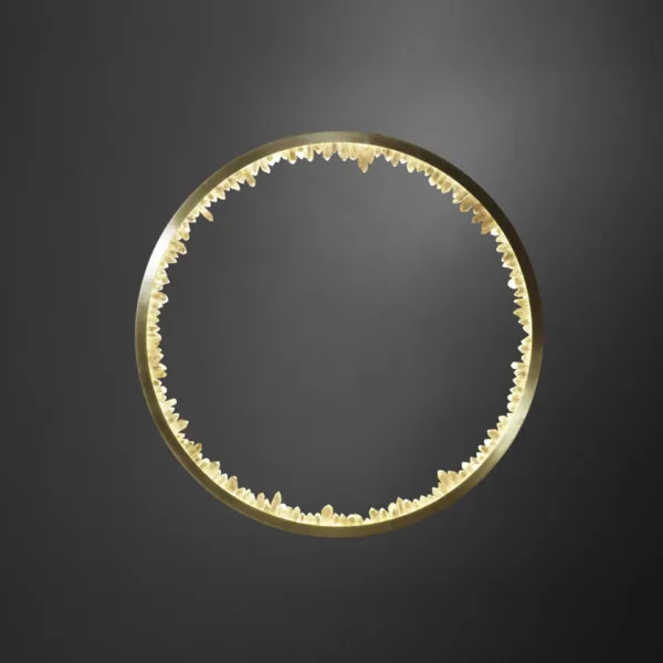 Crystal ring chandelier with crystals on the inside edge of the brass ring, lit